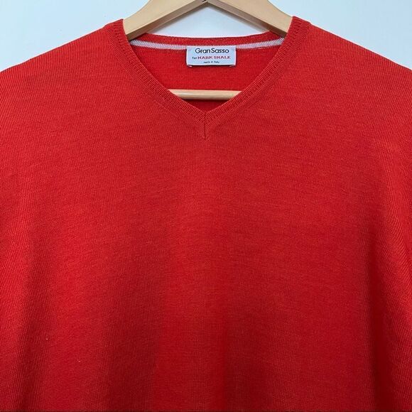 Gran Sasso Mark Shale Wool Sweater Men's Large Red Orange V Neck Made in Italy - Picture 2 of 7